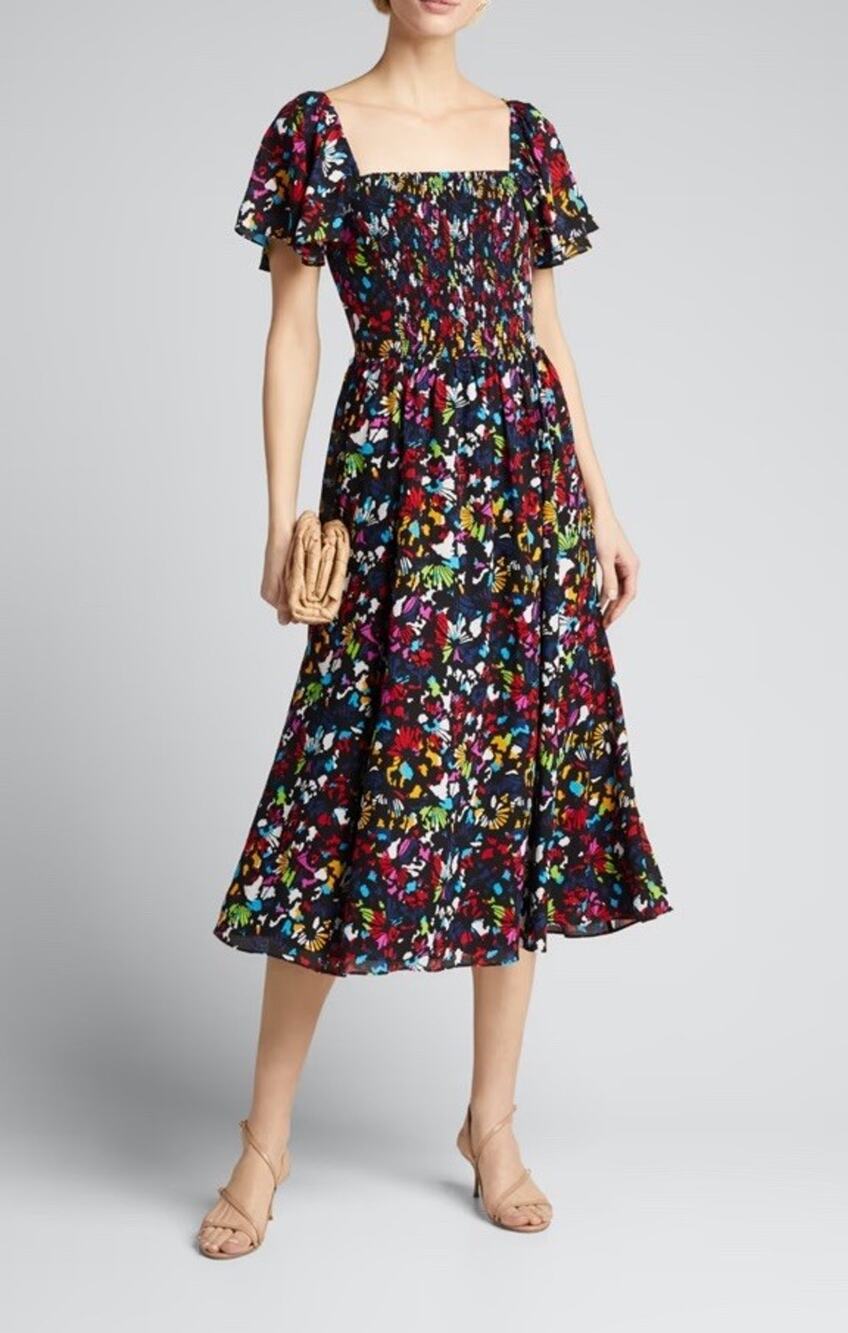 Tanya Taylor Glenda Silk Floral Smocked Midi Dress 2X Square Neck $575